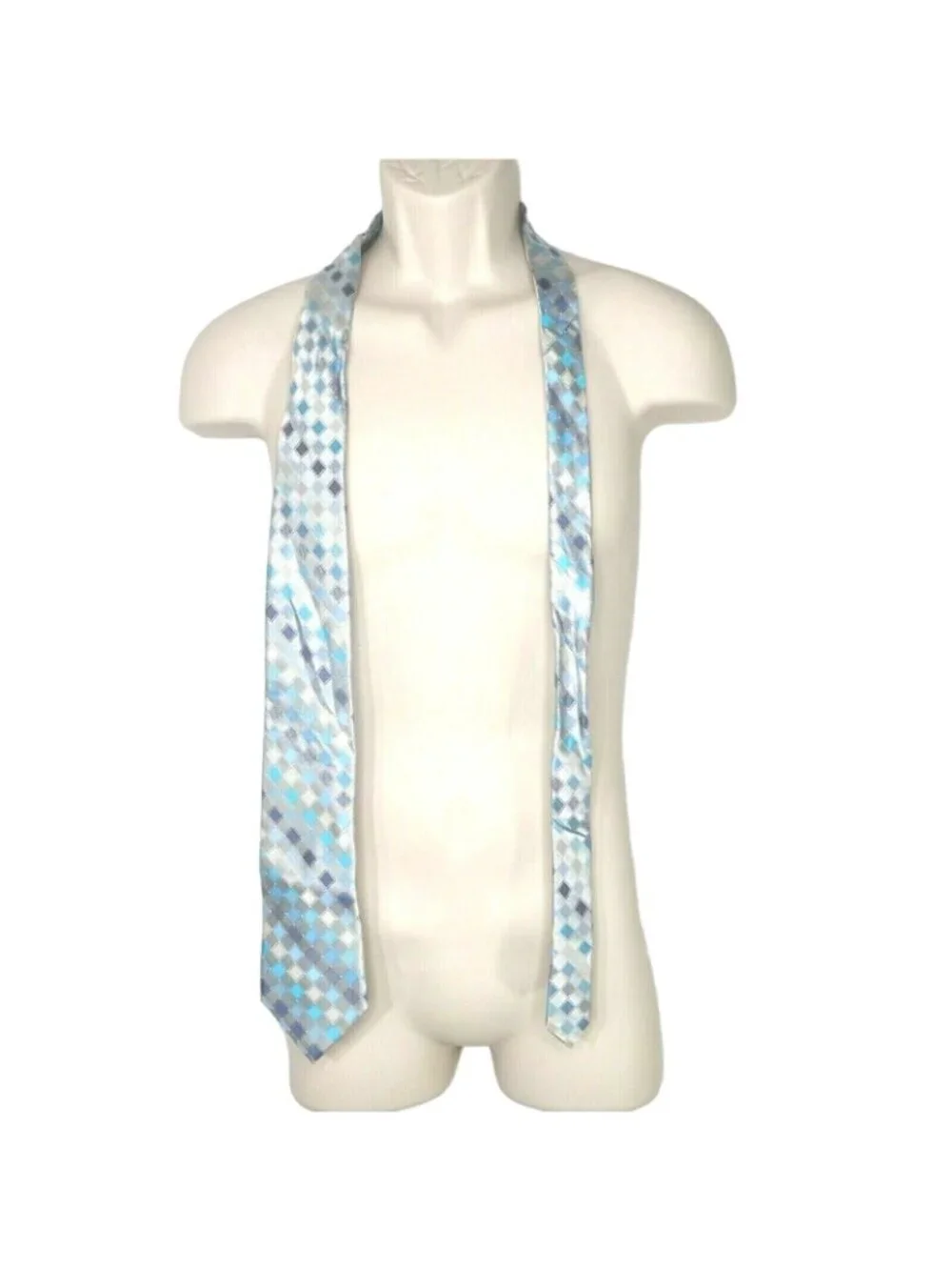 Van Heusen Silk Tie Necktie Mens Silver Blue Gray Diamond Geometric Print